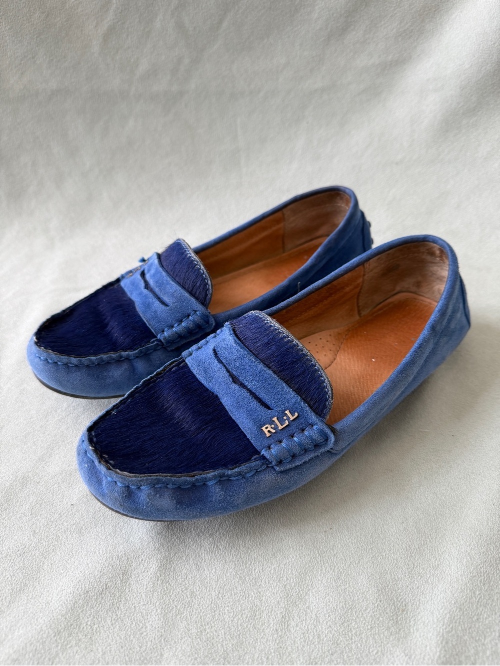Lauren by Ralph Lauren Driving Moccasins Blue Loafers Furry Suede Size 6.5B